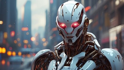 A sleek, futuristic robot with a round head and large,