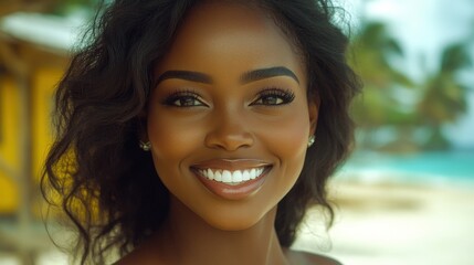 Smiling woman with radiant skin stands against a tropical beach backdrop, conveying joy and warmth