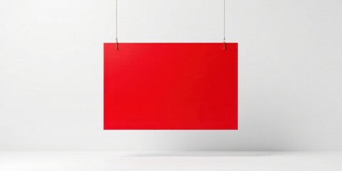 A vibrant red rectangular sign hangs elegantly from thin wires against a stark white backdrop, providing a minimalist and clean visual for announcements or presentations.