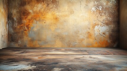 Empty room with grunge wall and wooden floor creating dramatic atmosphere