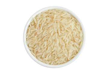 rice basmati in a ceramic bowl isolated on white background. Top view. Flat lay