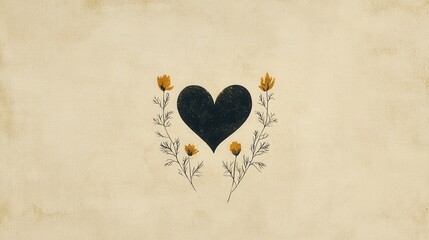 Romantic Black Heart with Yellow Flowers Vintage Style Illustration Beige Background Floral Design