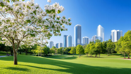 Naklejka premium Blooming tree and green meadow in urban park with modern city buildings in background