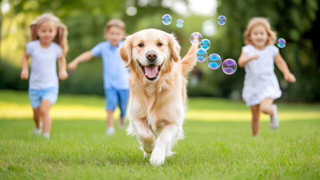 Golden retriever running in a park with soap bubbles and children playing