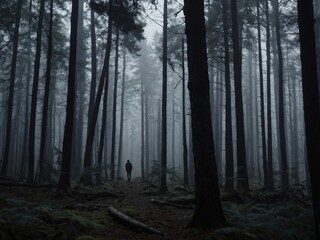 Obraz premium Misty Forest Road Journey with Solitary Figure in Eerie Atmosphere