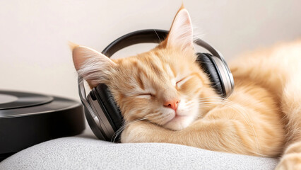 Ginger kitten sleeping listening music with headphones and turntable