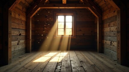Sunbeams illuminate a rustic wooden attic room with a single window