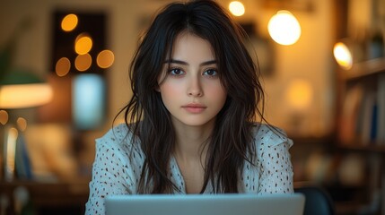 Young woman focused on her laptop in a cozy indoor setting with warm lighting and a relaxed atmosphere