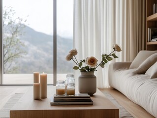 A table with candles and a vase of flowers. The table is in front of a window