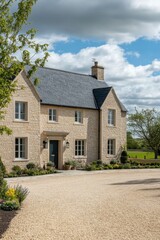 A stunning stone cottage nestled in the countryside features a beautifully landscaped garden, all framed by a clear blue sky on a bright sunny day