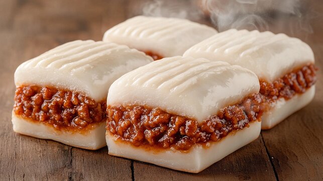 buns with a rich pork filling, arranged on a rustic wooden table, with soft textures and steam rising, highlighting the warmth and freshness of the dish. Steamed Buns.Chinese Food 