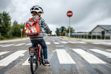 Obraz premium Young Boy in Helmet With Backpack Riding Bike, Stopping at Crosswalk on the Way to School