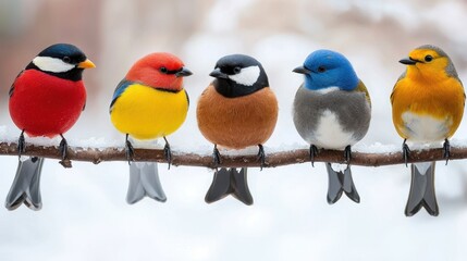 Fototapeta premium A vibrant lineup of colorful birds perched on a branch, showcasing a variety of hues against a soft, snowy background.