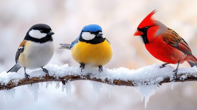 Three colorful birds perched on a snowy branch, showcasing vibrant plumage against a winter backdrop.