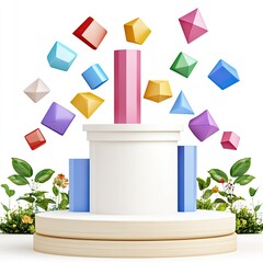 Colorful geometric shapes floating above a white pedestal surrounded by vibrant flowers