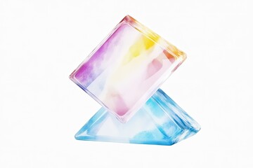 Colorful geometric shapes balanced on each other against a clean white background
