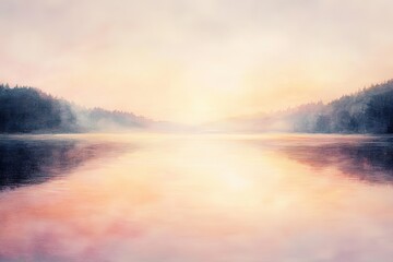 Misty sunrise over calm lake and trees