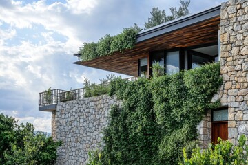 A contemporary stone house stands elegantly amidst lush greenery, beautifully set against a picturesque landscape under a cloudy sky