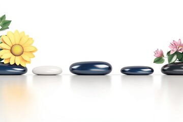 Obraz premium Arrangement of smooth stones and vibrant flowers creating a serene and balanced composition