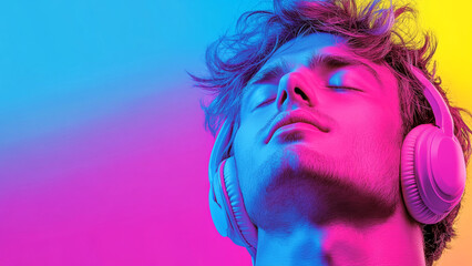 Young man enjoying music with wireless headphones in neon lighting