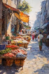 Vibrant Market Scene with Colorful Stalls and People Shopping