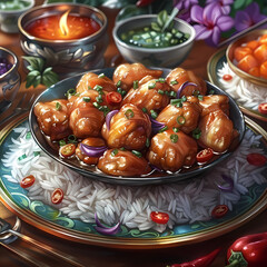 A mouthwatering dish of glazed fried chicken garnished with green onions and chili slices, served over steamed rice, accompanied by vibrant side dishes and a candlelit ambiance, generative AI.