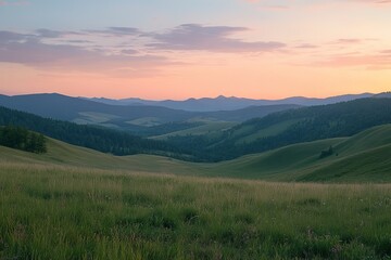 Sunset over rolling hills and valleys