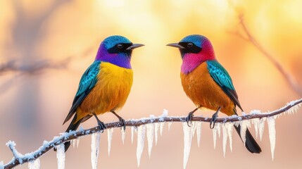 Fototapeta premium Two vibrant, colorful birds perch on a frosty branch, surrounded by a softly blurred warm background, showcasing nature's beauty.