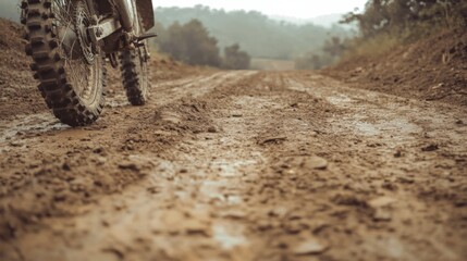 Close-up of muddy tire tracks on a dirt road.