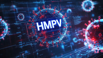 hmpv virus which is recently surrounded around the world, hmpv detailed visualization of the virus structure, Human metapneumovirus HMPV molecular closeup view with world map concept.