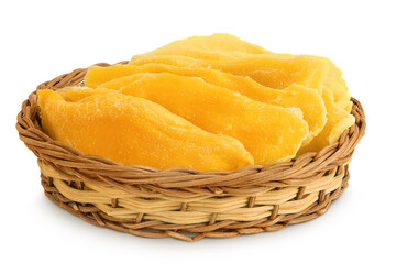 dried mango in a wicker basket isolated on white background