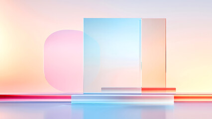Fototapeta premium Minimal pastel colored abstract background with glass panels and cylinder podiums creating an empty showcase