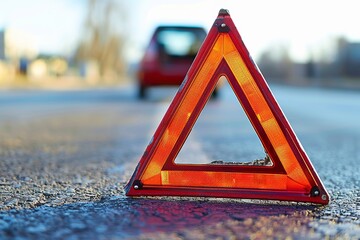 Red Emergency Warning Triangle on Asphalt Road, Car Breakdown, Roadside Assistance Concept