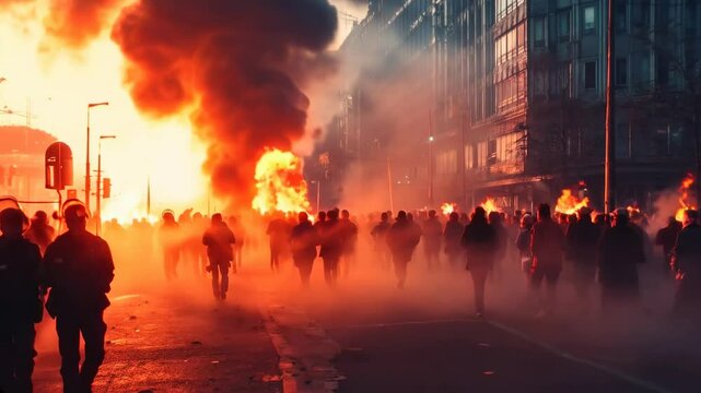 Intense Scene of Protesters Marching Through Smoke and Flames in an Urban Environment