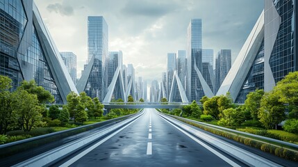 Obraz premium Modern Urban Landscape with Futuristic Architecture and Greenery