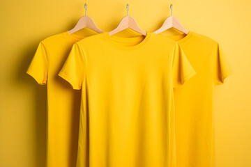 yellow t-shirt hanging on a hanger mockup, back view, set against a textured black brick wall.
