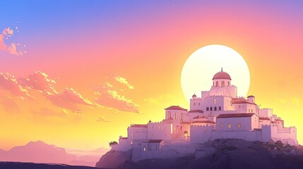 Obraz premium Serene sunset over a coastal castle, with vibrant colors illuminating the sky and water