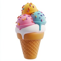 3D icon cartoon ice cream cone with triple scoops and sprinkles, isolated on a white background 