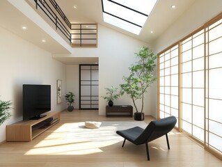 A living room with a black chair and a black television. The television is turned off. There is a potted plant in the room