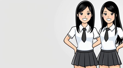 Twin schoolgirls smiling, portrait, friendship, education, background space