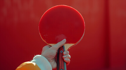 hand holding a table tennis bet on a red background