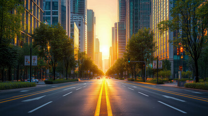 Obraz premium Serene Urban Street View at Sunset with Dramatic Light Reflection