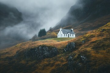 Fototapeta premium Secluded house on misty mountainside