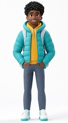 Naklejka premium Smiling teen boy, backpack, winter jacket, studio shot, education
