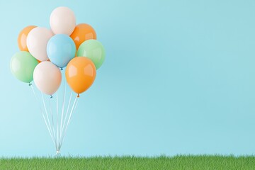Colorful balloons floating against a light blue background with green grass, perfect for celebrations