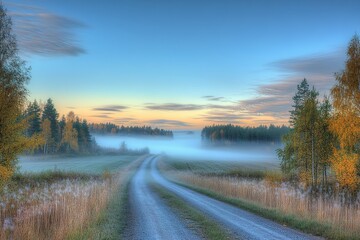 Obraz premium Misty morning road winding through fields