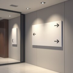 Indoor wayfinding signs mockup with various directional signs placed within a clean, minimalistic interior, great for presenting navigation systems.