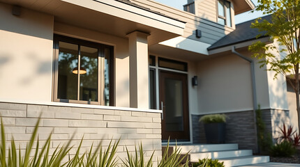 Fototapeta premium Modern House Exterior: Contemporary Architecture and Design. Luxury Home with Brick and Stone Facade. Real Estate, Residential Property