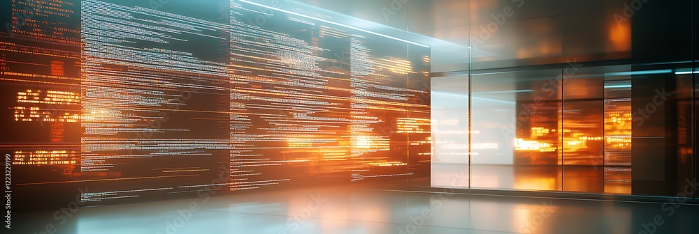 Wall mural abstract view of layered code lines on a glass panel and glowing background