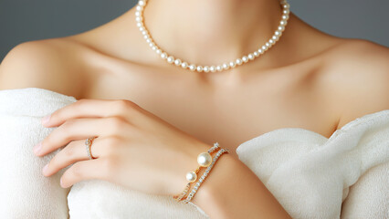 Woman wearing pearl necklace, diamond bracelet and ring posing on gray background
